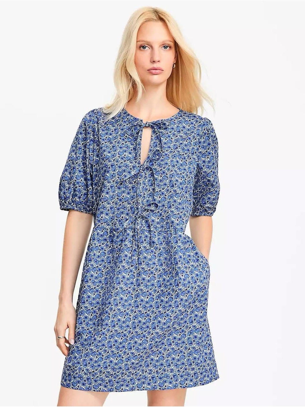 Loft Blue Floral Tie-Front Short Sleeve Dress Midi Cottagecore